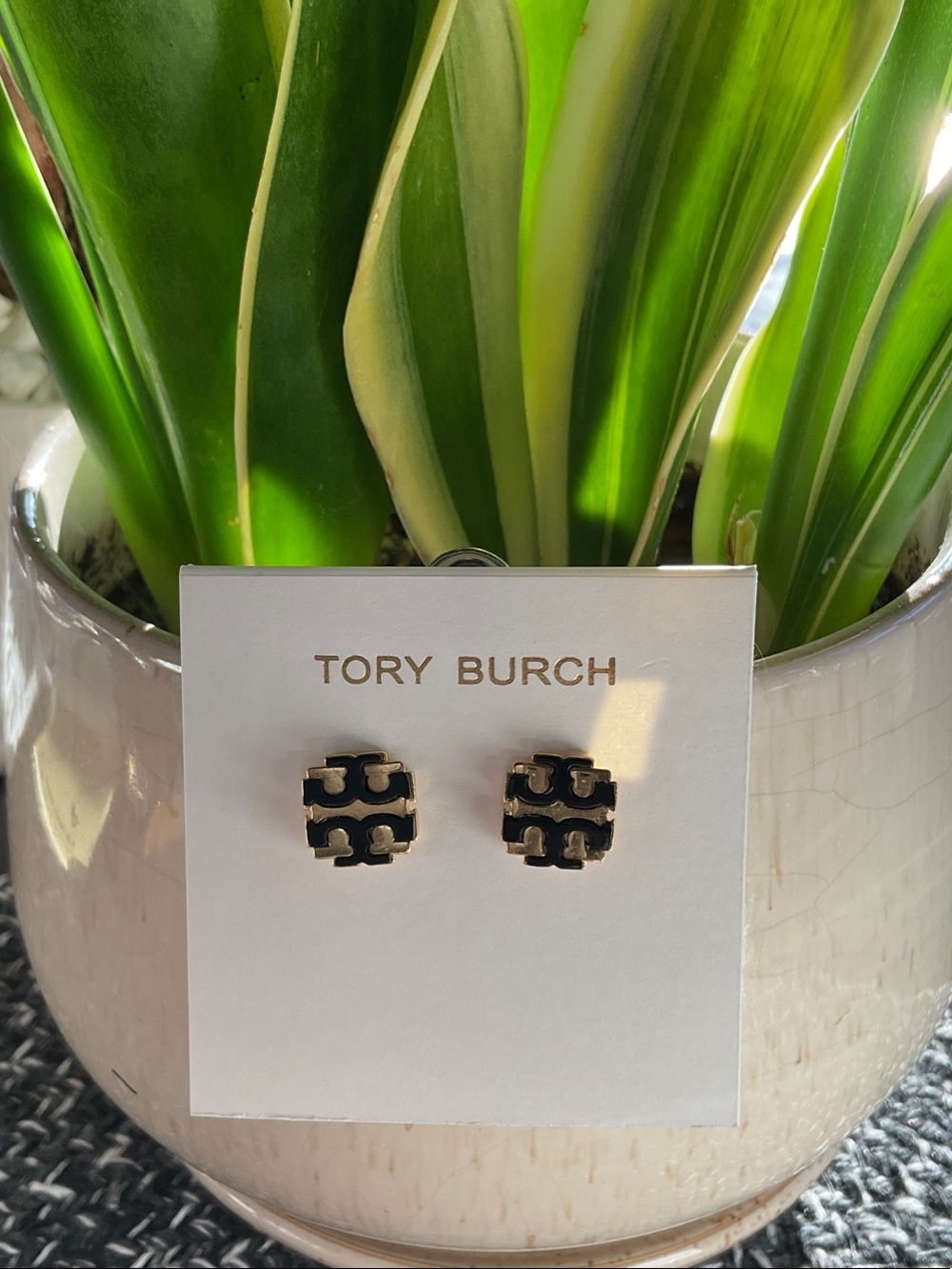 Tory Burch Black and Gold Double-T Logo Stud Earrings